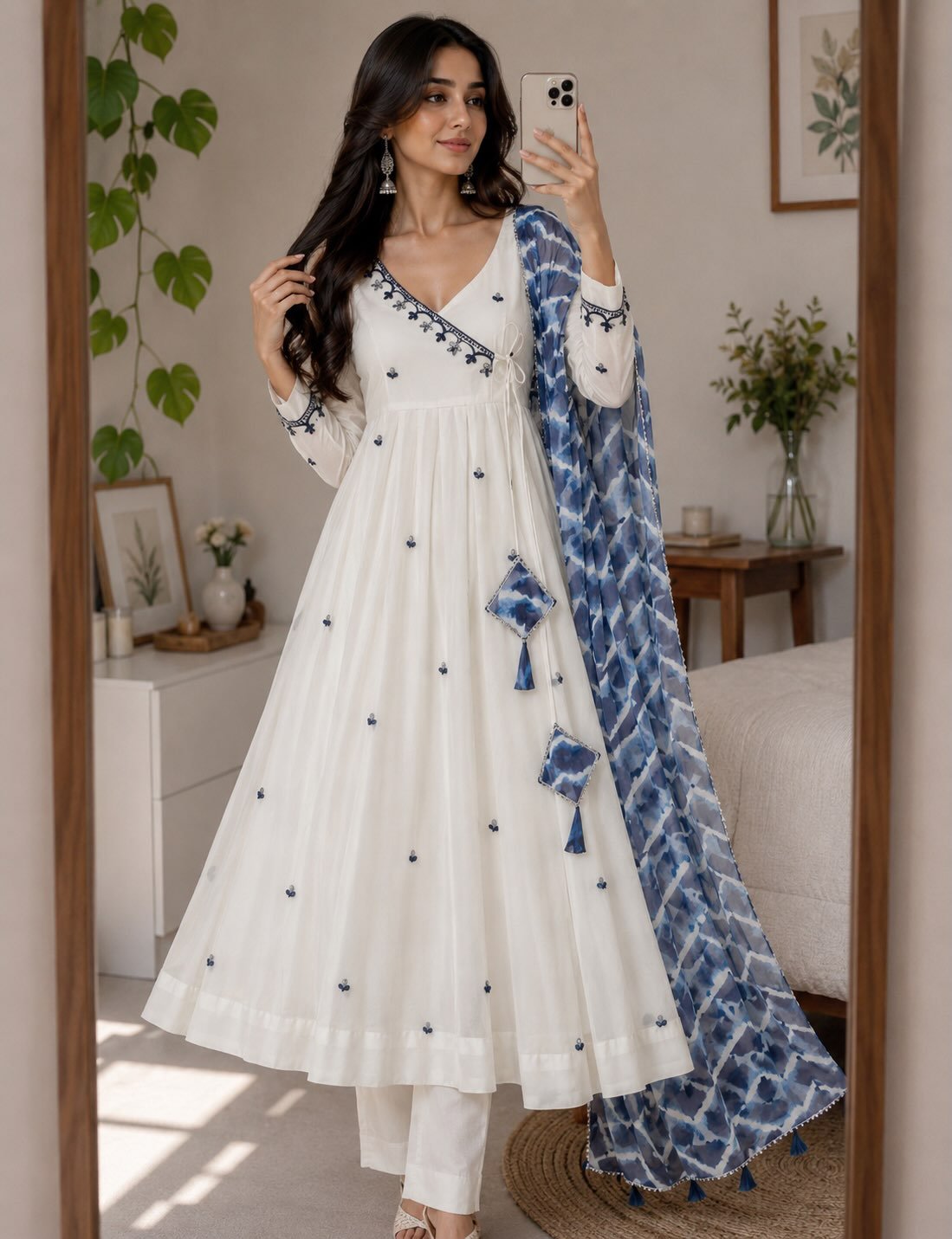 Off-White Angrakha Anarkali Suit Set with Blue Tie-Dye Dupatta & Pant
