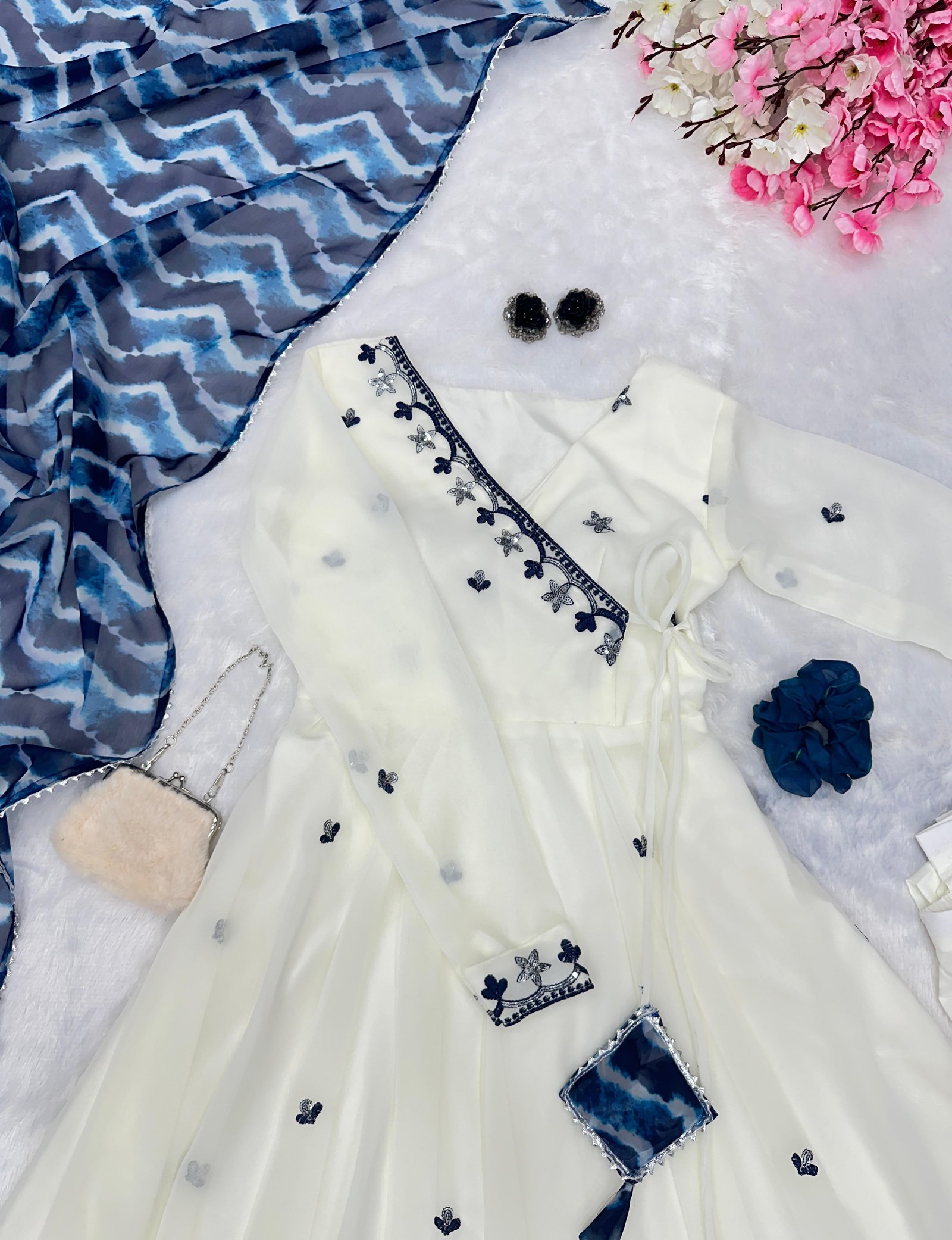 Off-White Angrakha Anarkali Suit Set with Blue Tie-Dye Dupatta & Pant image 4
