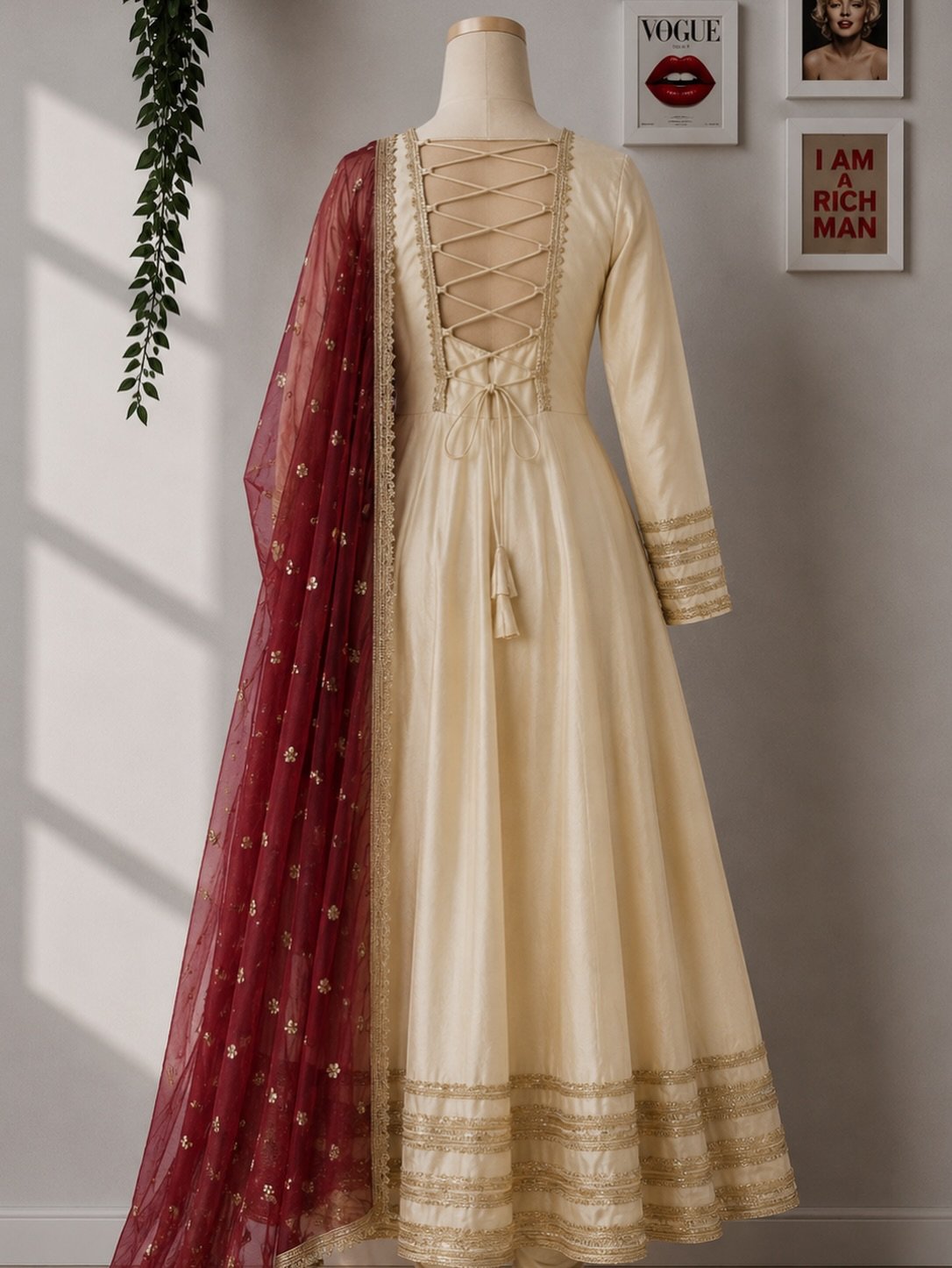 Beige Silk Anarkali Suit Set with Maroon Sequin Net Dupatta image 2