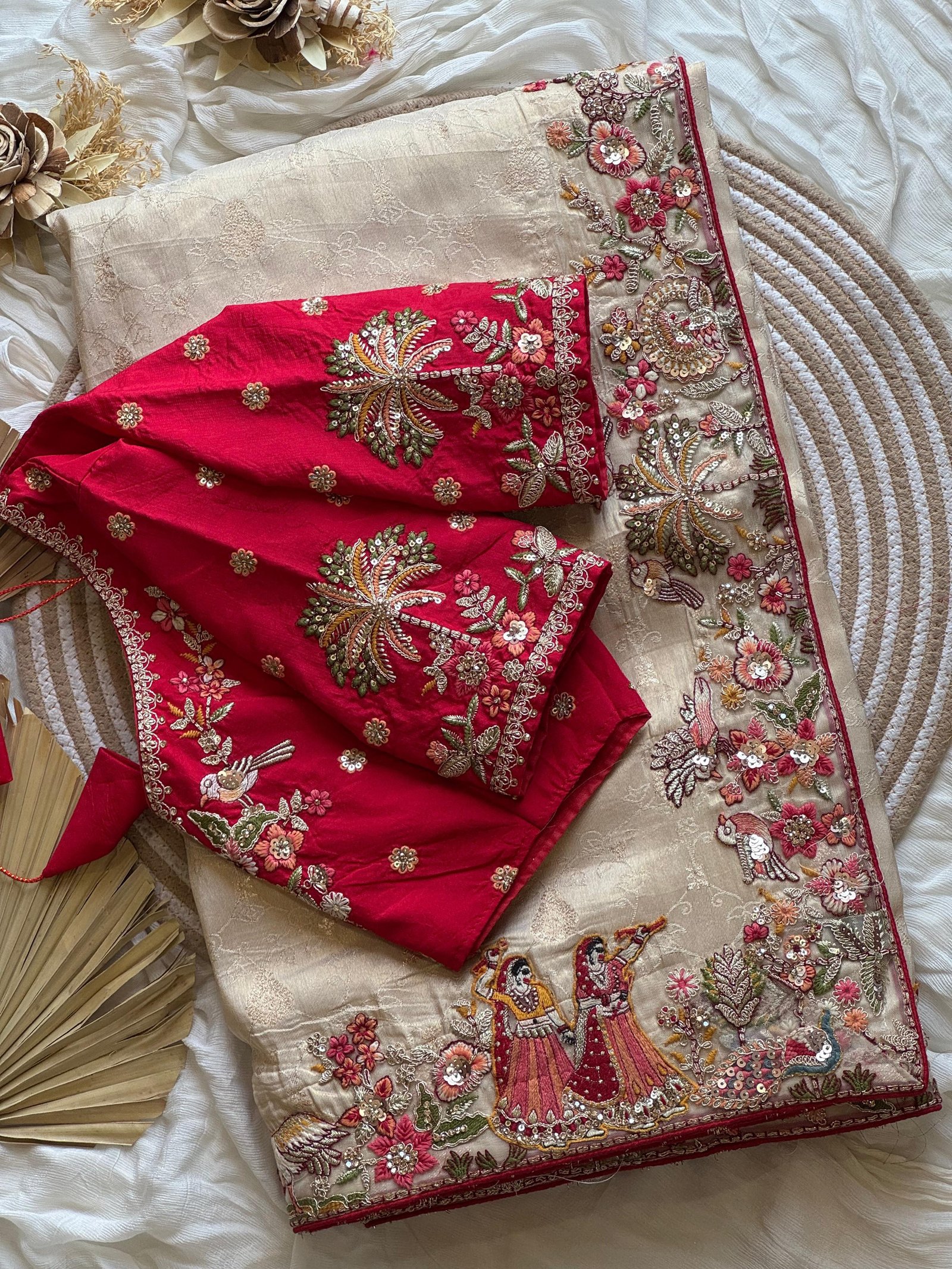 Pure Organza Silk Saree with Handcrafted Scenery Border & Heavy Embroidered Contrast Blouse
