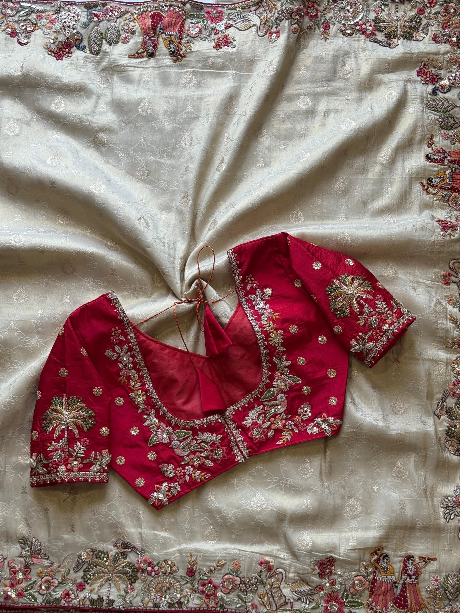 Pure Organza Silk Saree with Handcrafted Scenery Border & Heavy Embroidered Contrast Blouse image 4