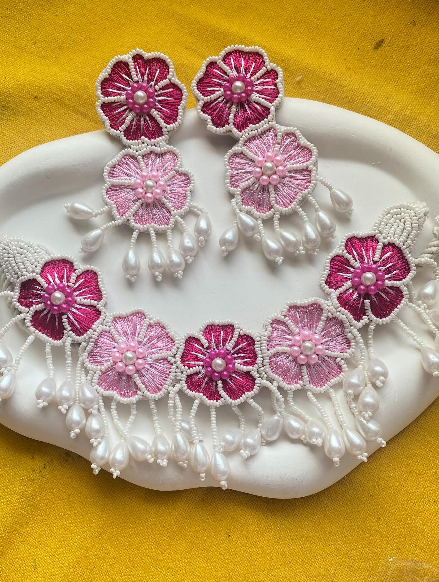 Handcrafted Pink Floral Thread & Bead Fabric Jewelry Set image 3
